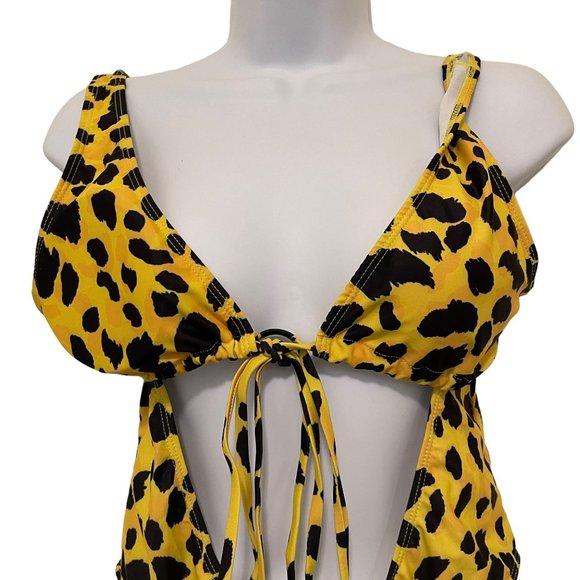 Womens Cut Out Wrap Around One-piece Swimsuit Yellow Black Leopard Size Medium - Picture 5 of 10